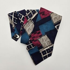 Bugatti Silk Neck Tie Mens Vintage Abstract Geometric Blue Red Dress Tie